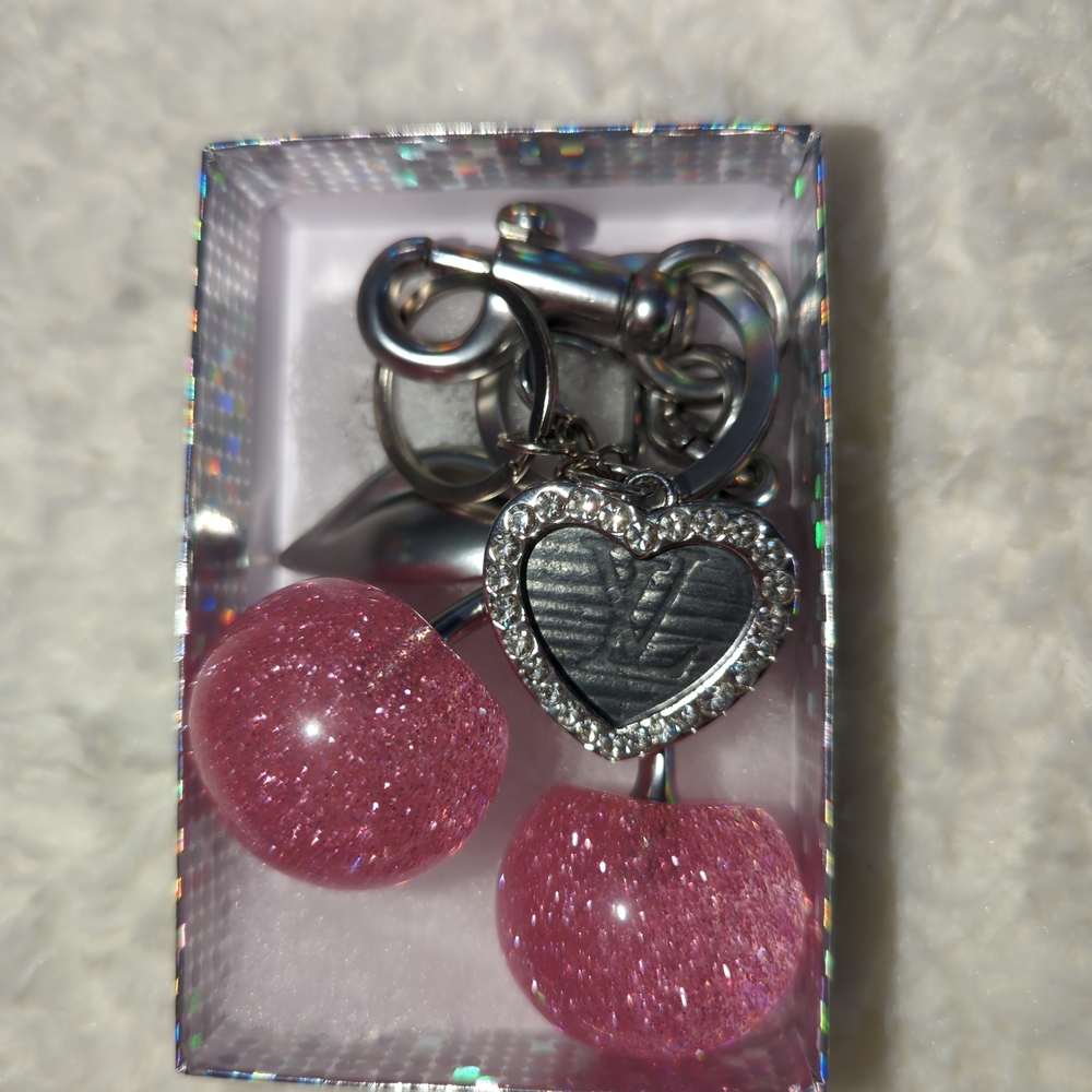 Louis Vuitton Upcycled Epi Leather Heart Charm Pink Glitter Cherry Bag Charm - Picture 2 of 2